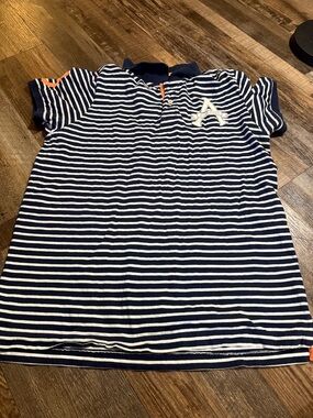 Aeropostale Navy and White Striped Short Sleeve Polo with Orange Accents